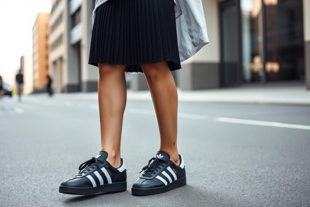Person wearing black Adidas Gazelles with a pleated mini skirt and oversized button-down shirt