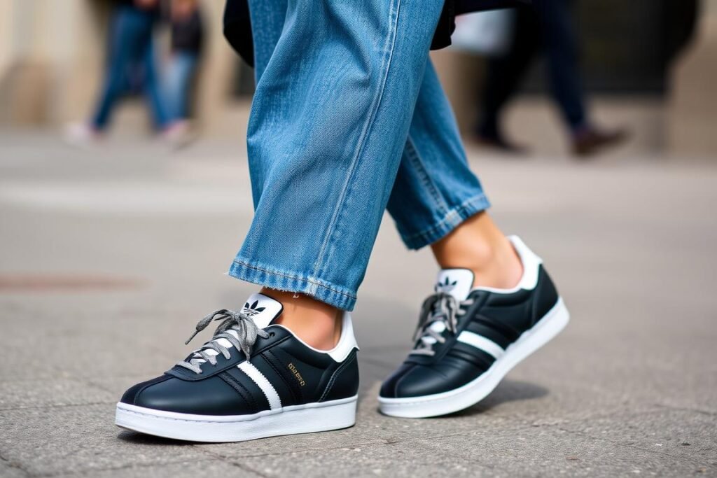 Person wearing black Adidas Sambas with wide leg jeans and a fitted top