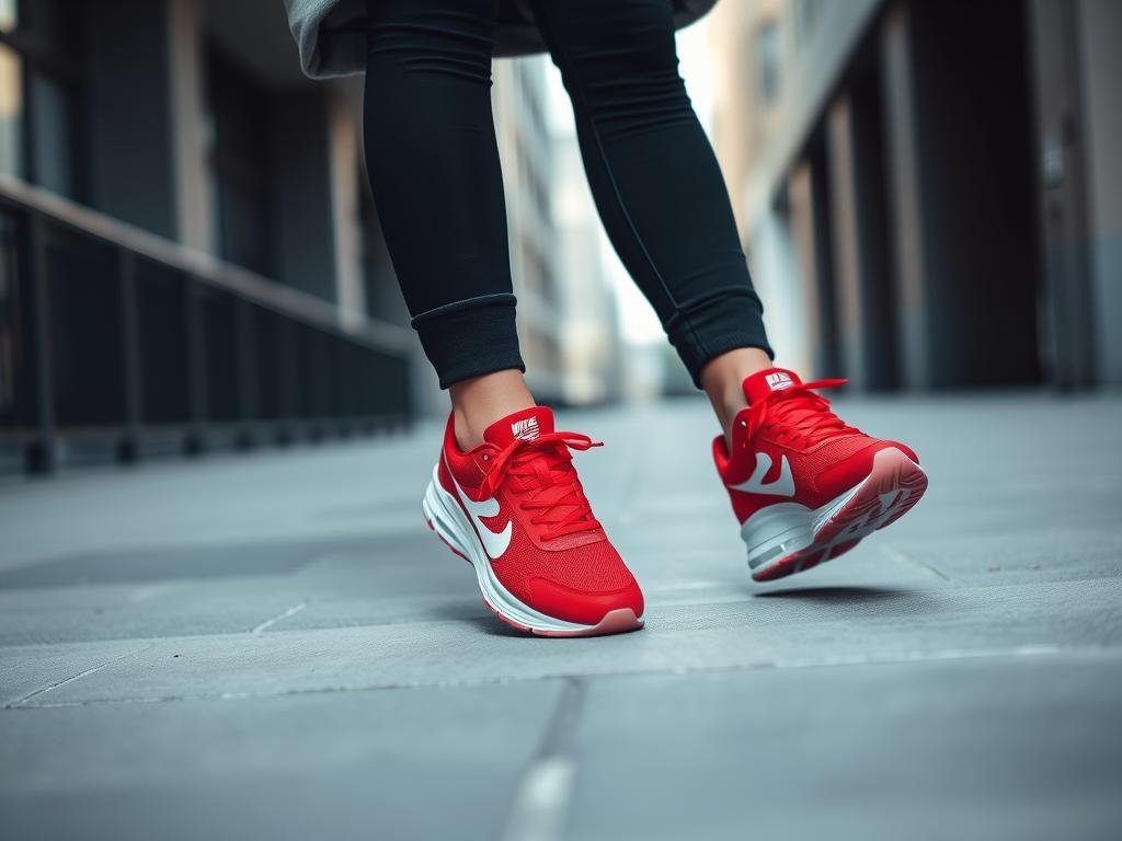 Person wearing black leggings, oversized gray sweatshirt and red athletic sneakers in an urban setting