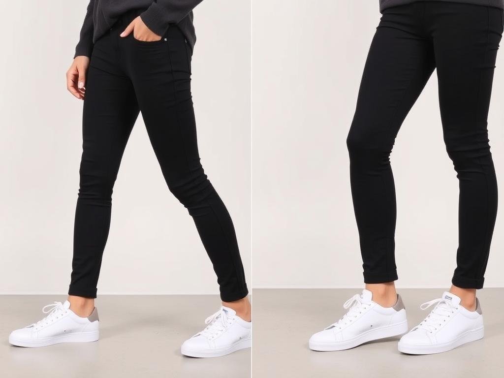 Person wearing black skinny jeans with low-profile white tennis shoes creating a sleek silhouette