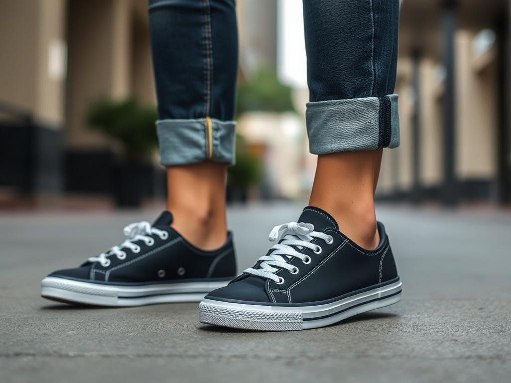 Person wearing black tennis shoes with casual jeans and t-shirt outfit