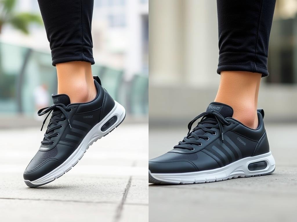 Person wearing black tennis shoes with casual outfit showing versatility