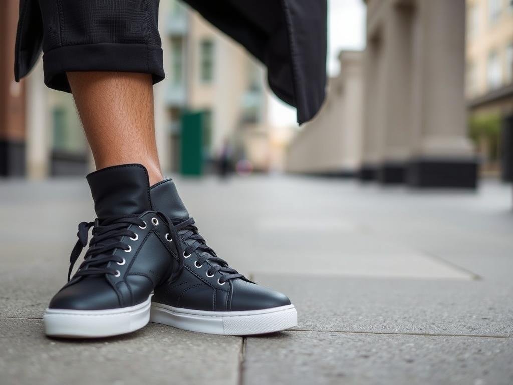 Person wearing black tennis shoes with smart-casual outfit including blazer