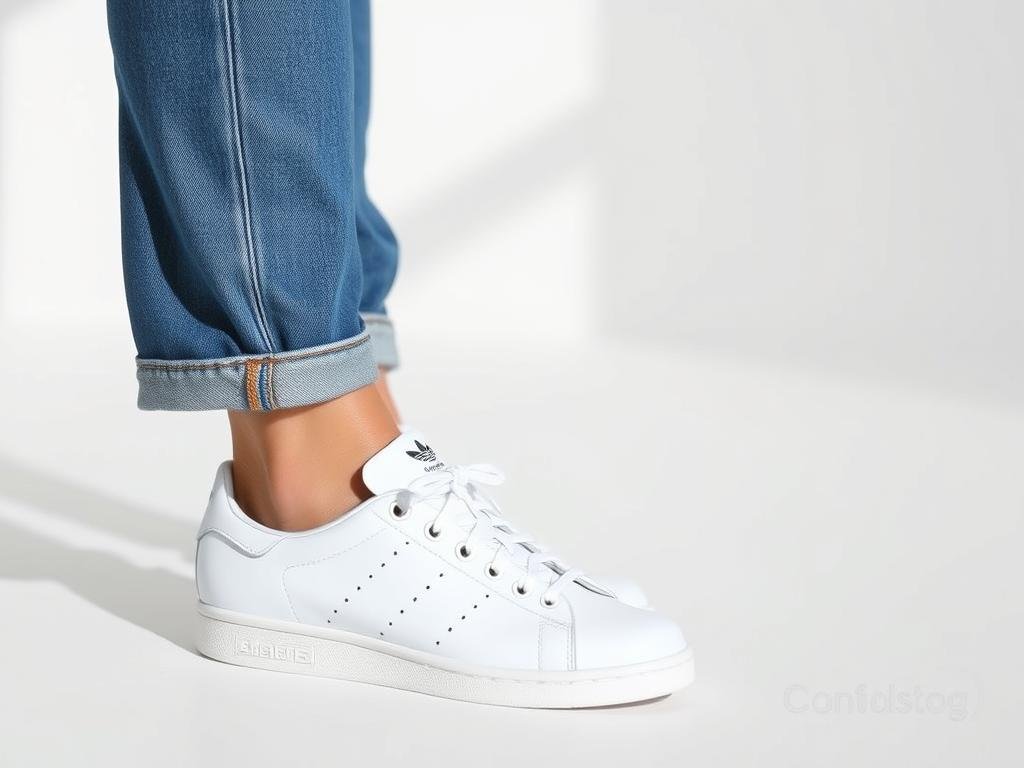 Person wearing blue jeans with classic white tennis shoes for a timeless outfit combination