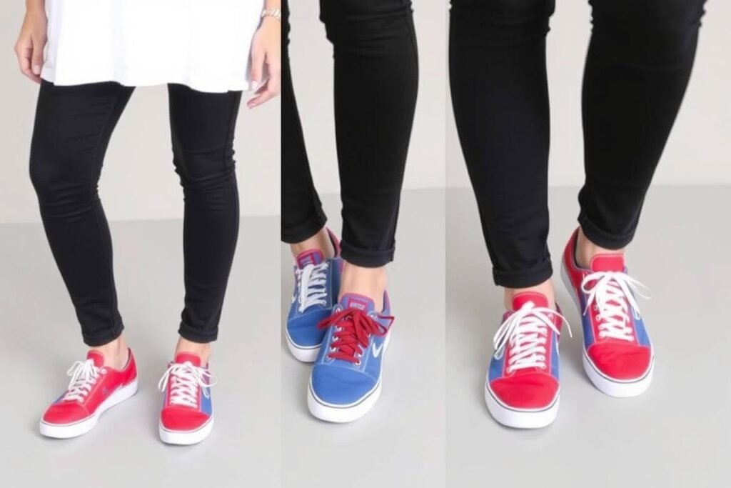 Person wearing bright colored tennis shoes with neutral outfit pieces