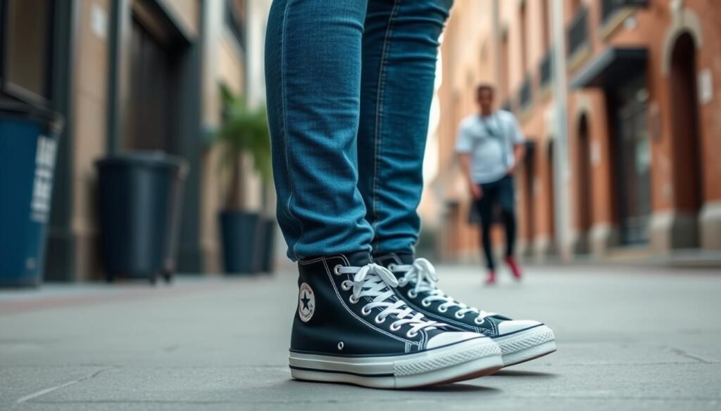 Person wearing classic black Converse high tops with slim jeans and a white t-shirt