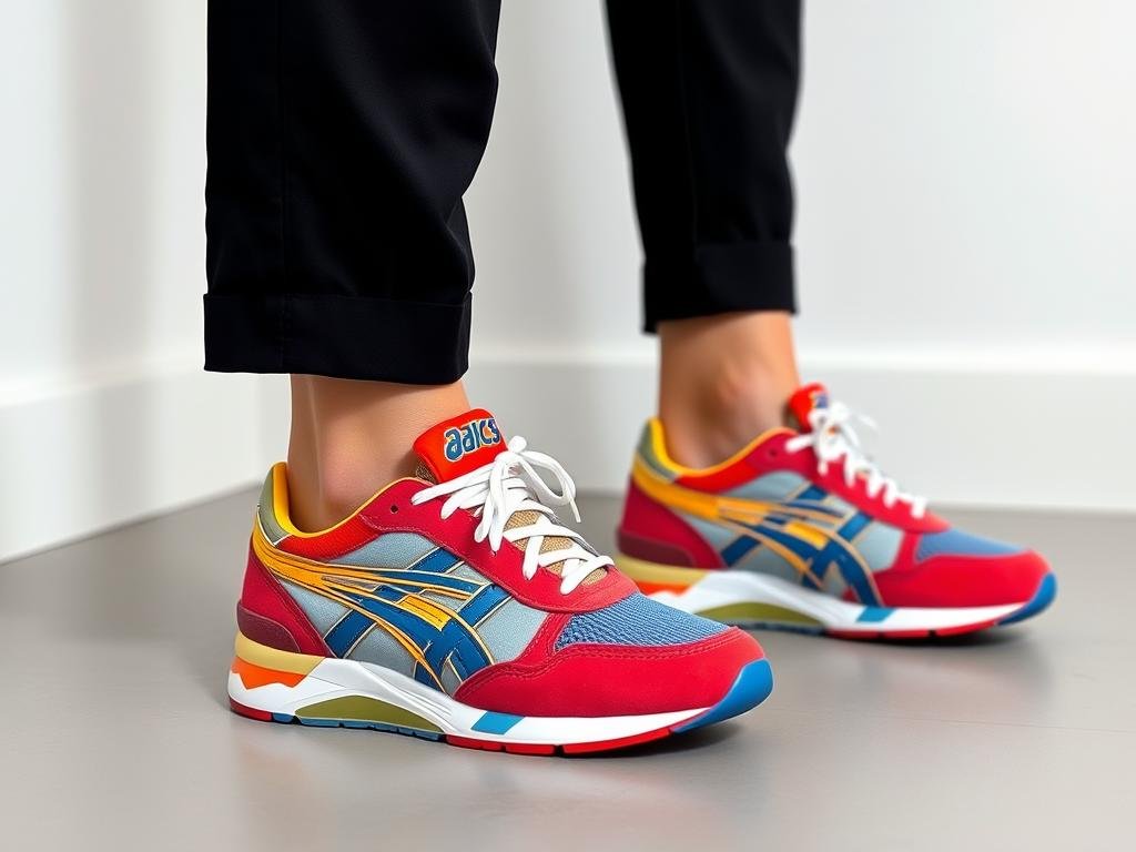Person wearing colorful ASICS sneakers with all-neutral clothing