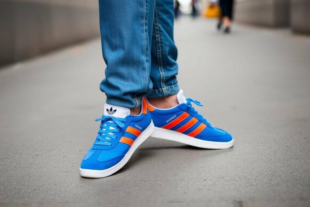 Person wearing colorful Adidas Gazelles with jeans and a simple top