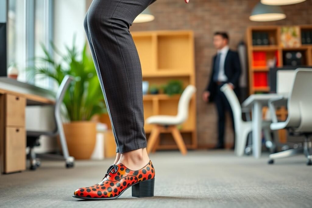 Person wearing colorful funky shoes in a creative office environment