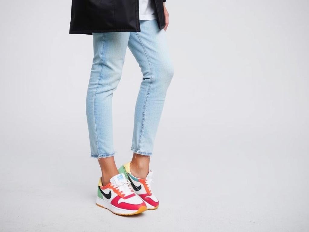 Person wearing cropped jeans with colorful sneakers, showcasing the footwear