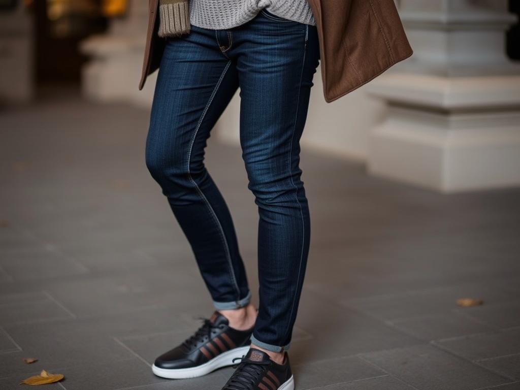 Person wearing dark jeans with sneakers, layered with sweater and coat for winter