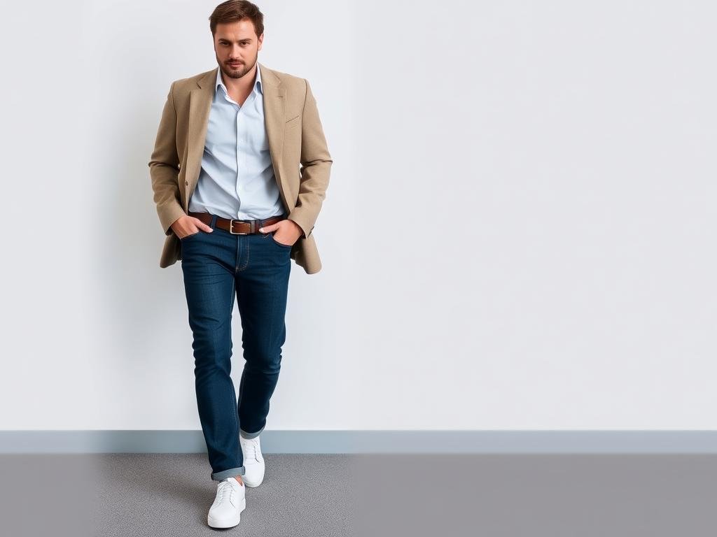 Person wearing dark wash jeans, minimal white sneakers, and blazer for a smart-casual work look