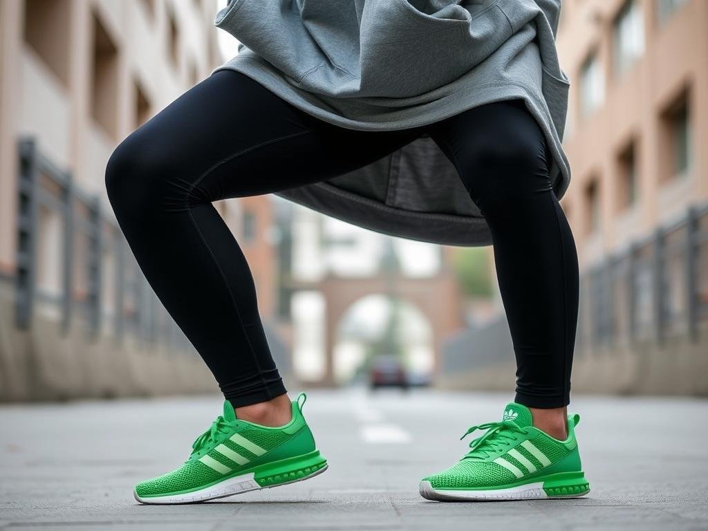Person wearing green Adidas sneakers with black leggings and an oversized hoodie