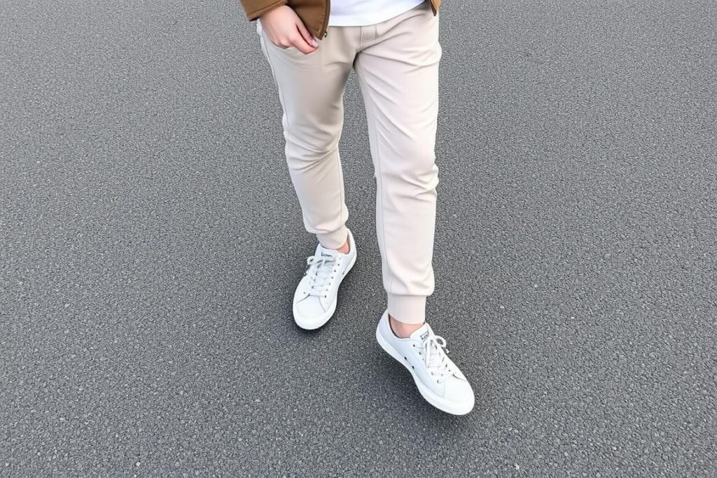 Person wearing joggers with tennis shoes and a fitted jacket