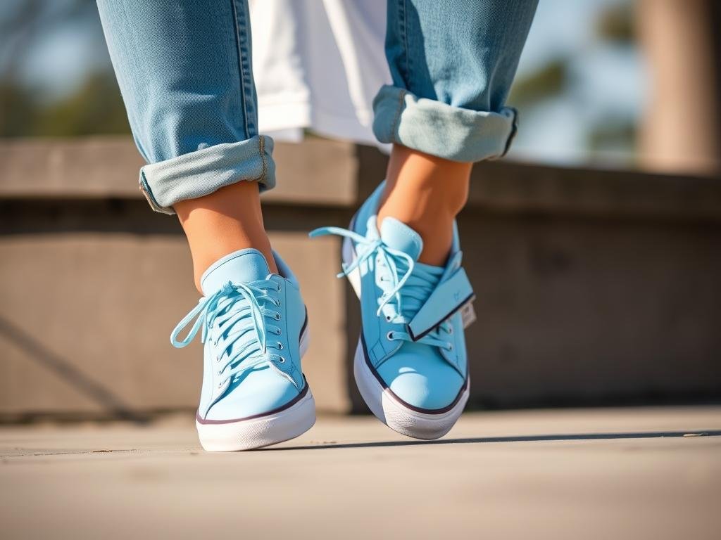 Person wearing light blue sneakers with rolled denim jeans and a white t-shirt for a casual blue shoes outfit
