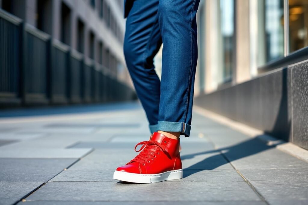 Person wearing red adidas shoes with blue jeans and white t-shirt