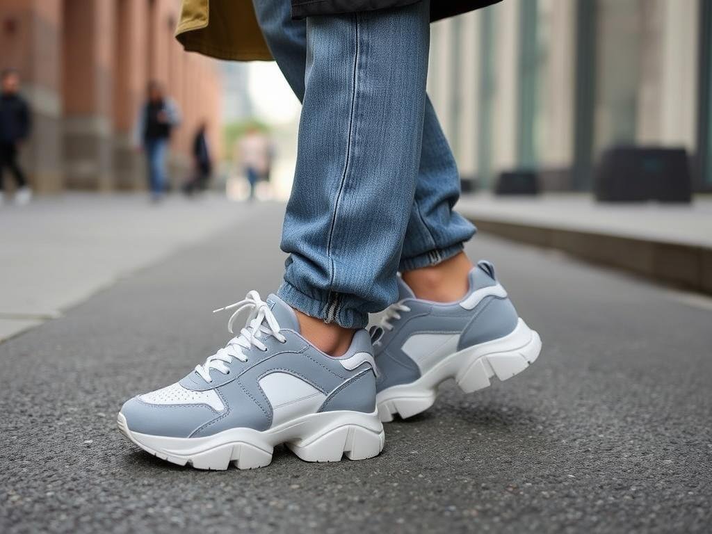 Person wearing relaxed fit jeans with chunky statement sneakers for a trendy street style look