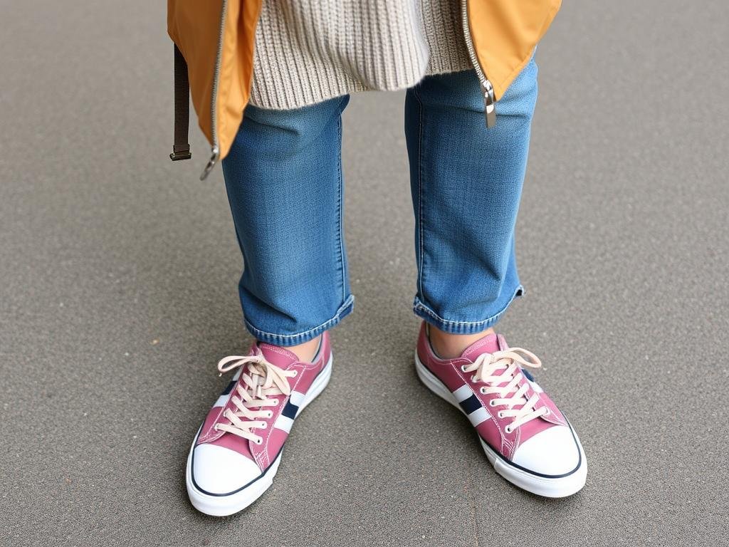 Person wearing tennis shoes with jeans, a sweater, and a light jacket for fall
