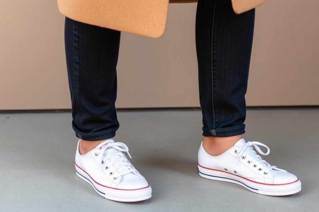 Person wearing tennis shoes with jeans and an oversized blazer