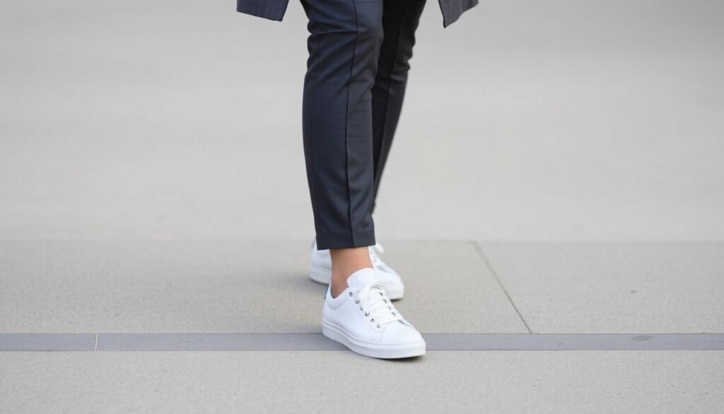 Person wearing tennis shoes with tailored pants and a blazer in an office setting