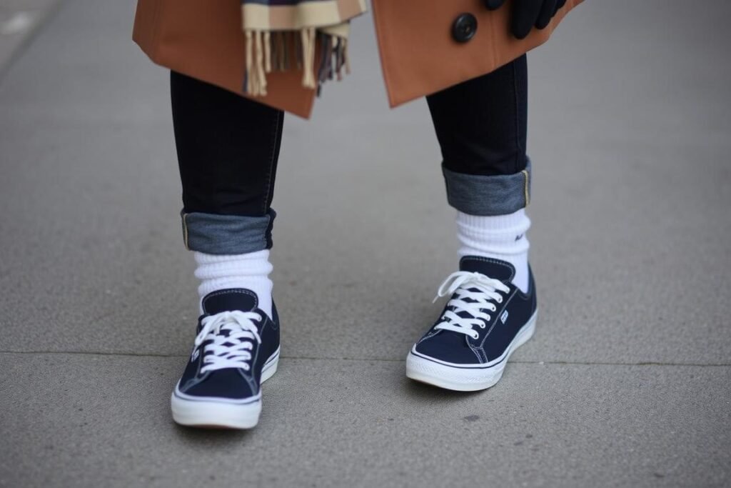 Person wearing tennis shoes with winter layers including a coat and scarf