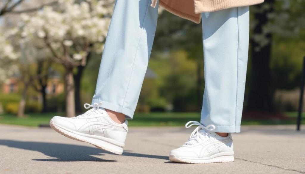 Person wearing white ASICS sneakers with cropped pants and a light jacket for spring