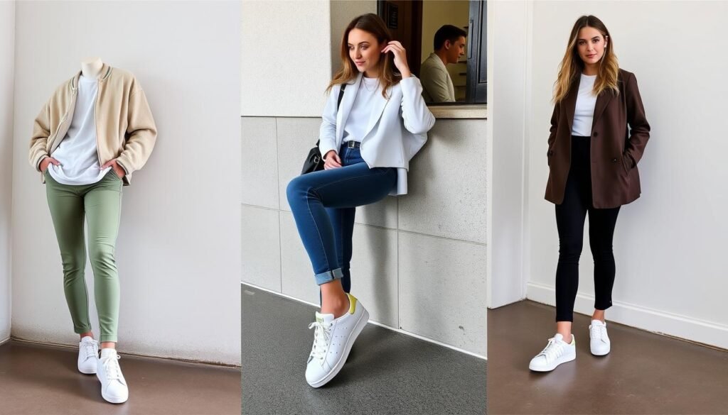 Person wearing white Adidas shoes with various outfits showing their versatility as a wardrobe staple, demonstrating white adidas shoes styling versatility