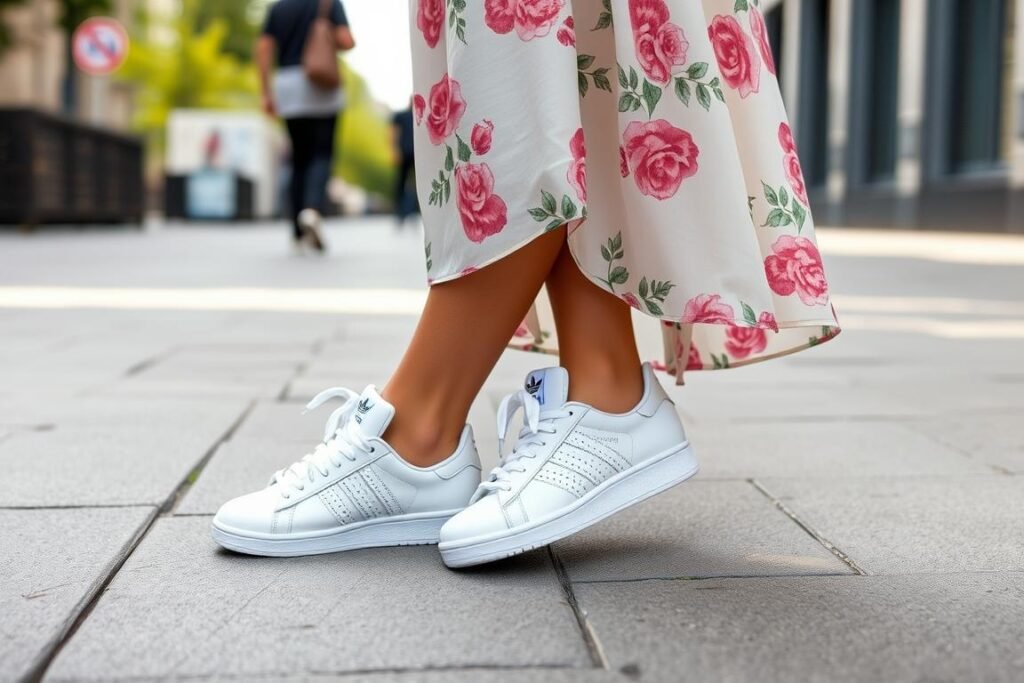 Person wearing white Adidas sneakers with a feminine floral dress creating stylish contrast
