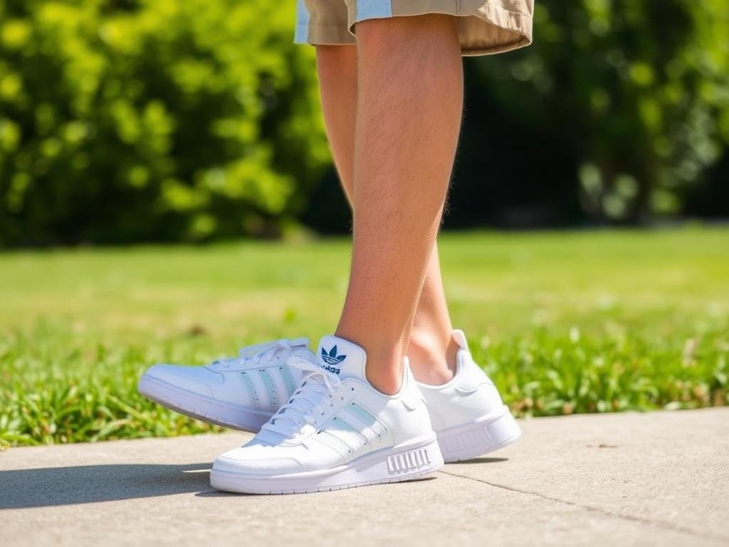 Person wearing white Adidas sneakers with shorts and a light linen shirt on a sunny day