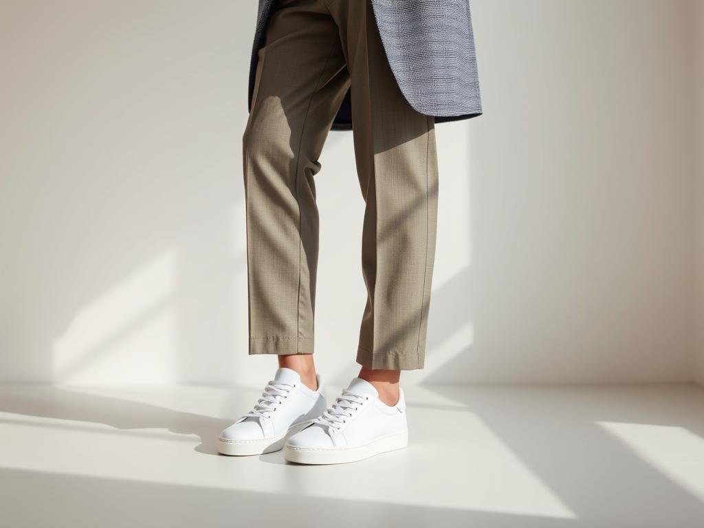 Person wearing white leather tennis shoes with tailored trousers and a blazer for a smart casual look