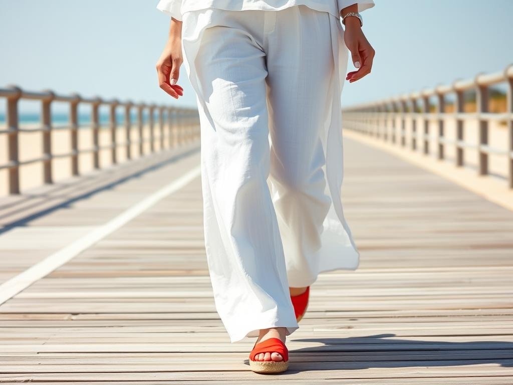 Person wearing white linen pants and shirt with red espadrilles on a beach boardwalk
