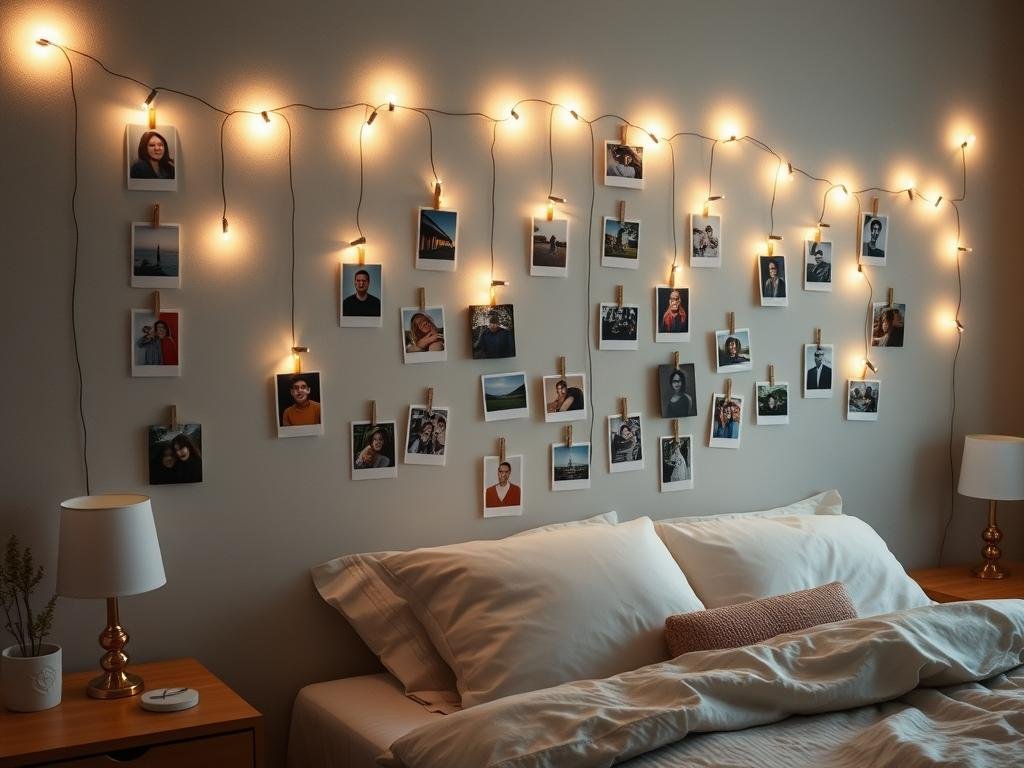Photo clip string lights displaying memories in bedroom