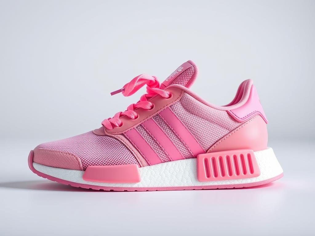 Pink adidas shoes showing the iconic three stripes and trefoil logo details
