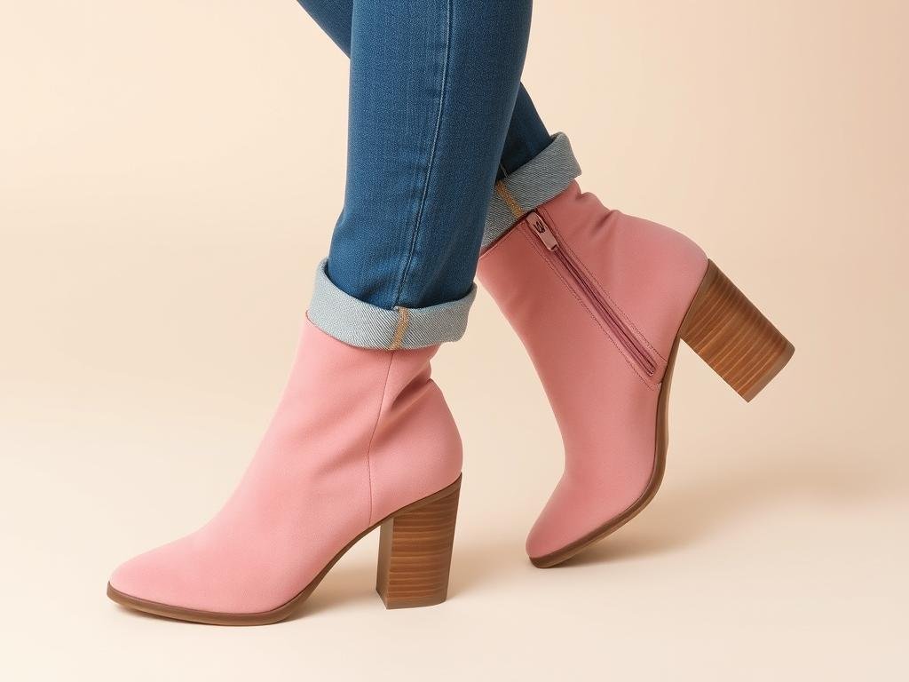Pink ankle boots with chunky heel styled with jeans