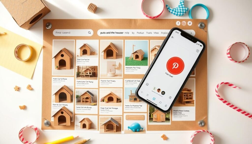 Pinterest board displaying various cardboard cat house designs with a smartphone showing the Pinterest app