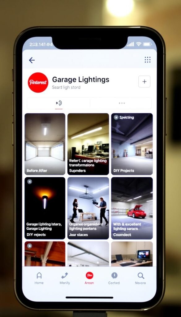 Pinterest board showcasing various garage lighting ideas and transformations