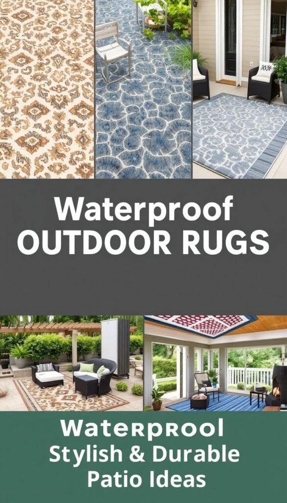 Pinterest-style collage of waterproof outdoor rugs in various settings