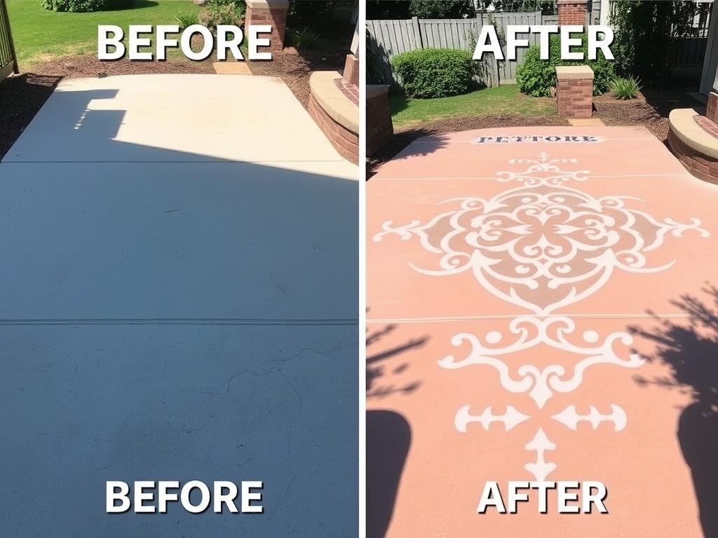 Plain concrete patio transformed with painted stencil pattern on a budget