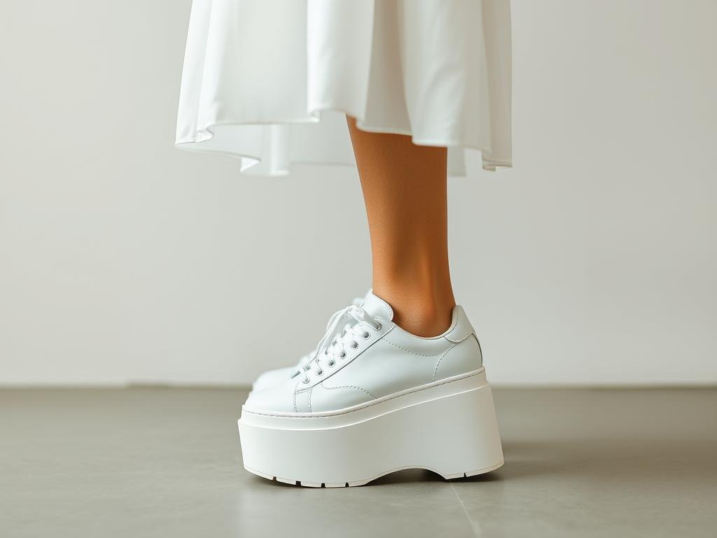 Platform tennis shoes paired with a midi dress