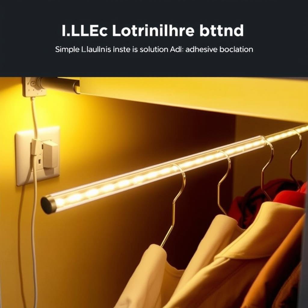 Plug-in LED light strips running along closet rod illuminating hanging clothes