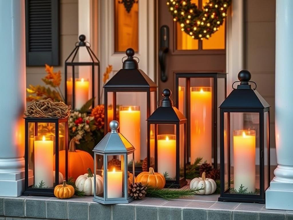 Porch decorated with seasonal lanterns and candles creating a festive atmosphere