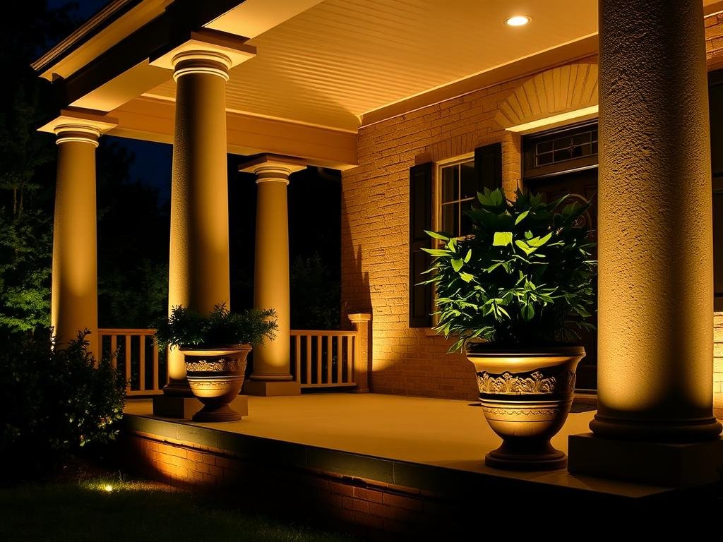 Porch with uplighting highlighting architectural columns and plants creating dramatic shadows