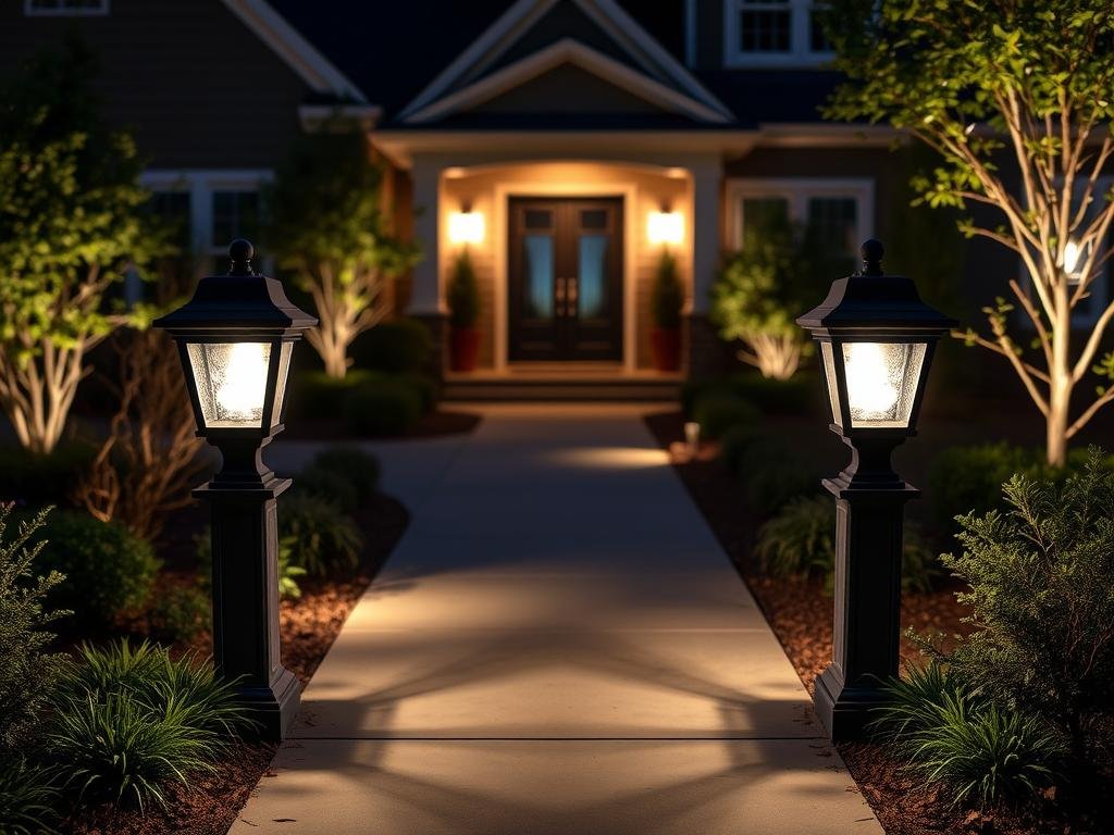 Post lights marking the entrance to a front walkway