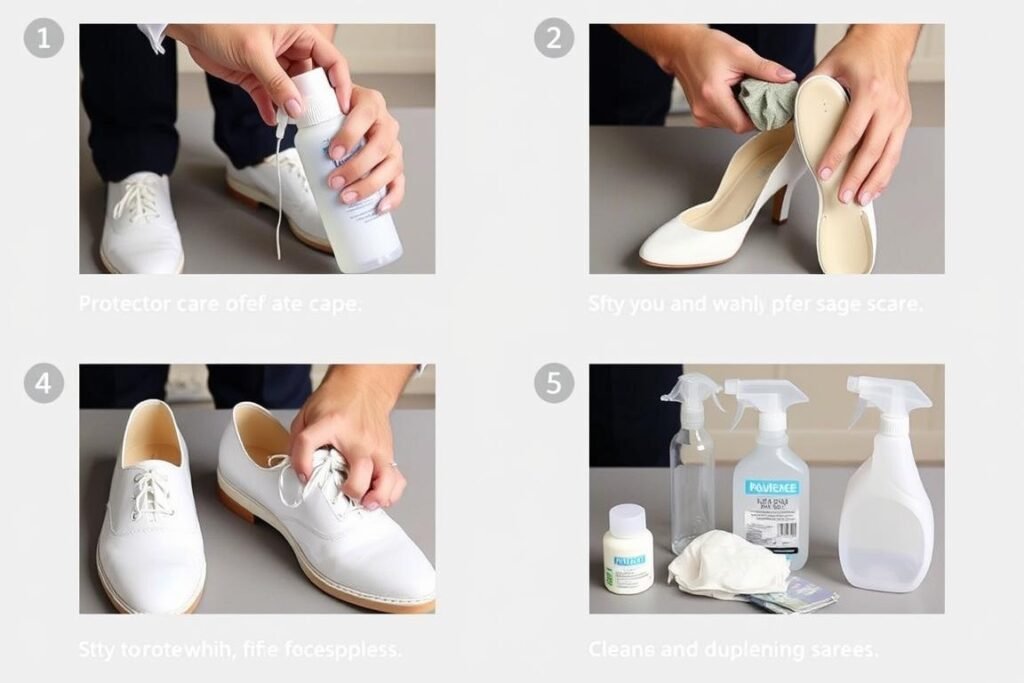 Preventative care for off white shoes including protector spray application
