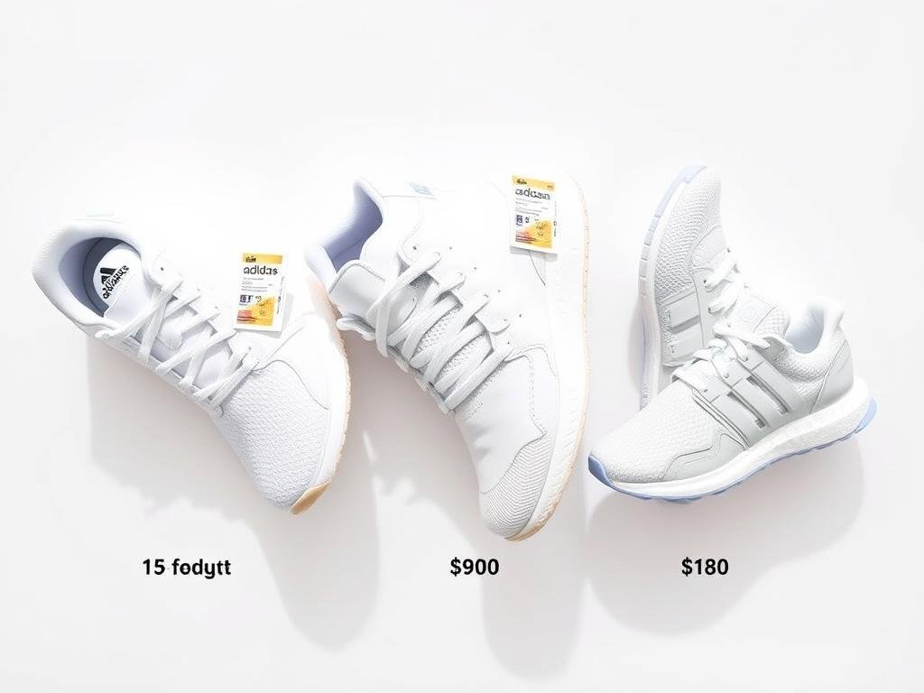 Price comparison of different white Adidas shoe models from budget-friendly to premium options, showing white adidas shoes at different price points