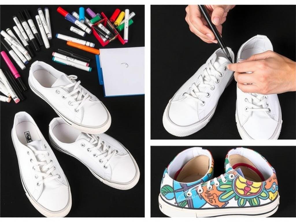 Process of drawing designs on actual canvas shoes with examples of finished customized shoes