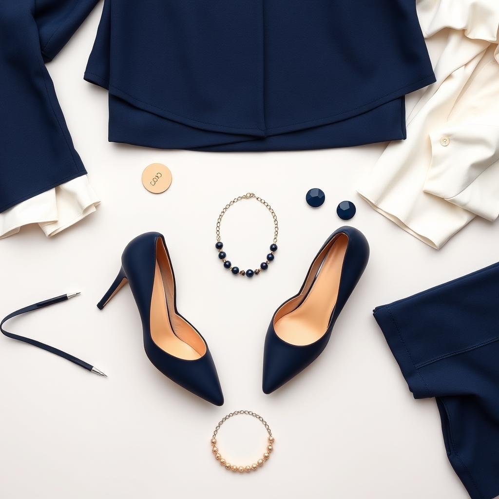 Professional outfit featuring navy blue pumps for office wear