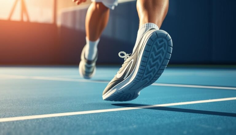 Professional tennis player performing lateral movement in specialized tennis shoes on hard court