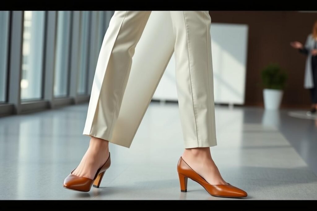 Professional woman wearing Bottega Veneta square-toe pumps with tailored pantsuit for an office bottega veneta shoes outfit