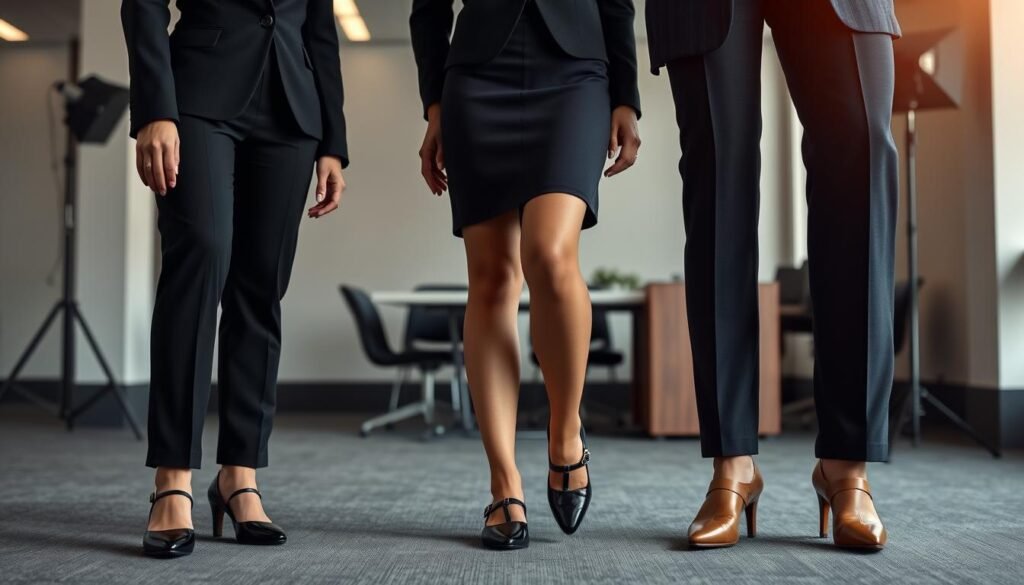 Professional woman wearing Mary Jane shoes with office attire